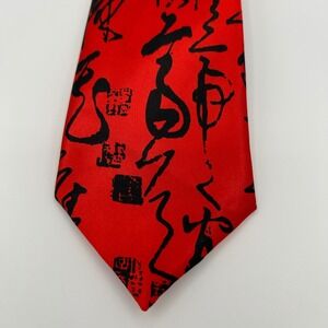 Kai Long Necktie Men OS Red 100% Silk Calligraphy Artistic Formal Oriental